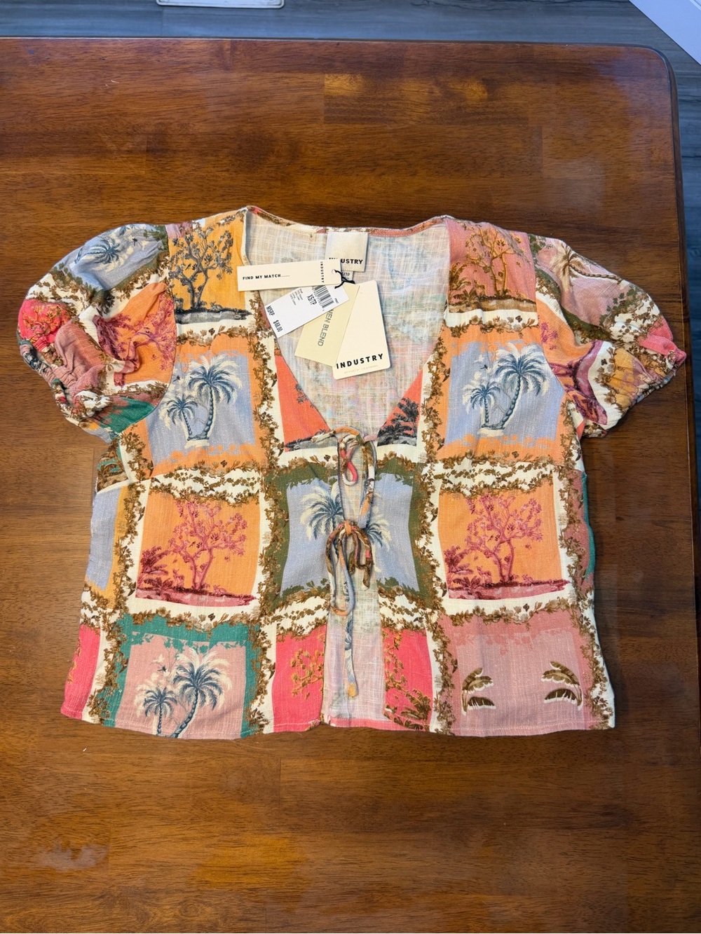 Industry Linen Blend Tropical Toile Tie-Front Top XS NWT — MSRP $68